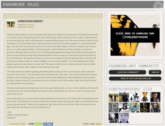 Communiqué sur le website du groupe Paramore annonçant le départ de Josh et Zac Farro de la formation