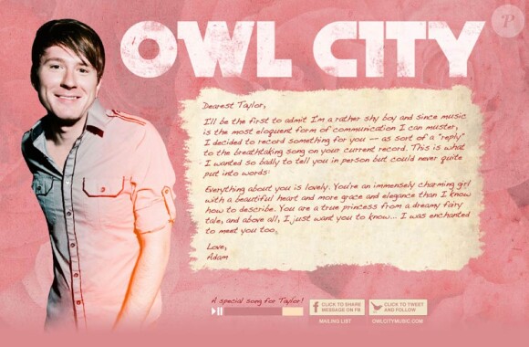 Adam Young alias Owl City sur son site internet