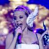 Kylie Minogue se produit sur la scène de la Herning Multi-Arena, à Herning, au Danemark, pour le premier concert de son Aphrodite - Les Folies World Tour, samedi 19 février.