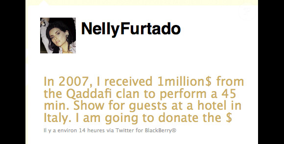 Tweet de Nelly Furtado en date du 28 février 2011
