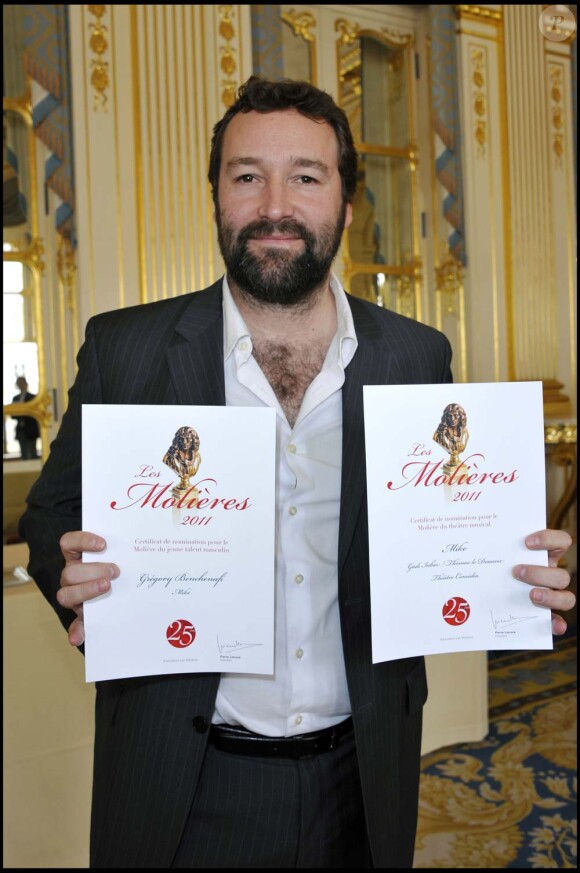 Déjeuner des nominés aux Molières, ministère de la Culture, à Paris, le 29 mars 2011 : Grégory Benchenafi, nominé pour Mike.