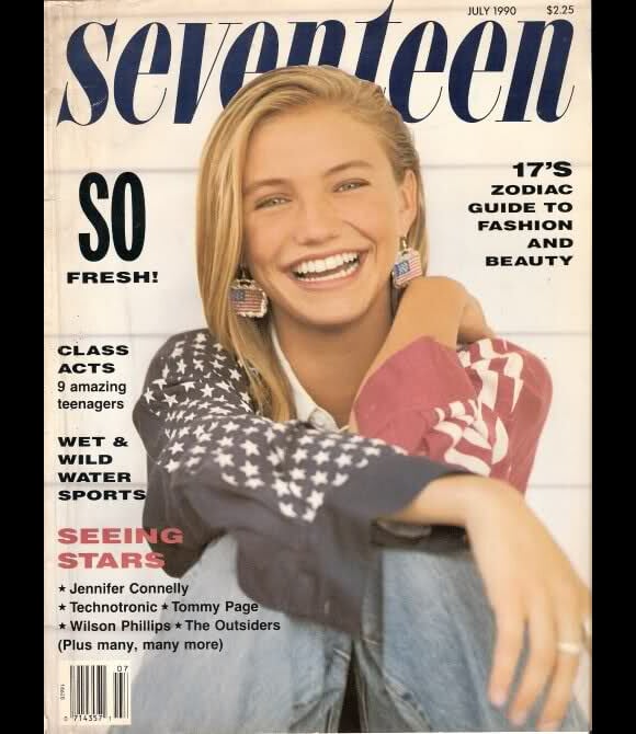 Cameron Diaz à tout juste 18 ans apparaît en couverture du magazine pour ados Seventeen. Juillet 1990.