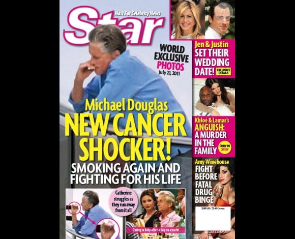 Michael Douglas en couverture du tabloïd Star en juillet 2011, où il semble fumer