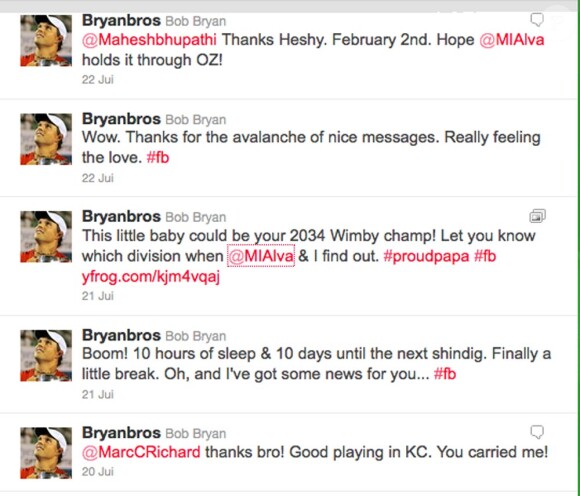 Le tennisman Bob Bryan et son épouse Michelle Alvarez ont annoncé en juillet 2011 qu'ils atttendent un  bébé.