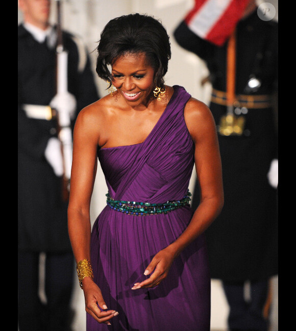 Michelle Obama, superbe dans une robe d'un créateur coréen lors du dîner d'état organisé en l'honneur du président sud-coréen à Washington le 13 octobre 2011