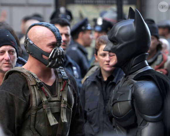 Tom Hardy et Christian Bale sur le tournage de Dark Knight Rises le 6 novembre à New York.