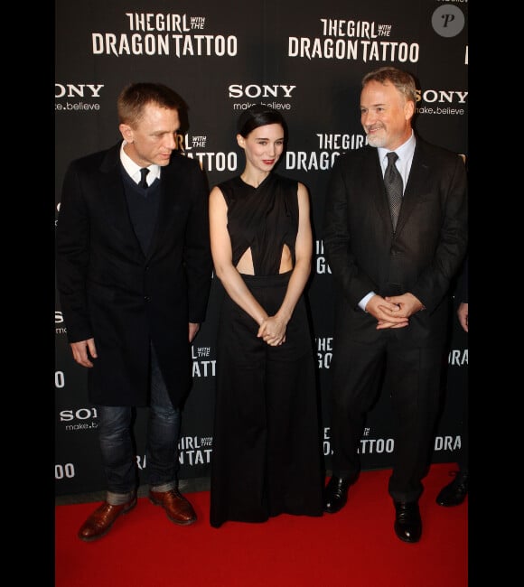 Daniel Craig, Rooney Mara et David Fincher présentent Millénium : Les hommes qui n'aimaient pas les femmes à Stockholm, en Suède, le 13 décembre 2011.