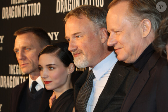 Daniel Craig, Rooney Mara, David Fincher et Stellan Skarsgard présentent Millénium : Les hommes qui n'aimaient pas les femmes à Stockholm, en Suède, le 13 décembre 2011.