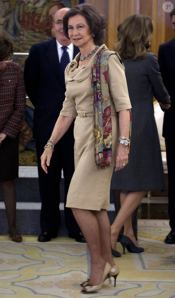 Le roi Juan Carlos, assisté de la reine Sofia, du prince Felipe et de la princesse Letizia d'Espagne, recevait en audience le Conseil du Patrimoine National, au palais de la Zarzuela, le 20 décembre 2011.