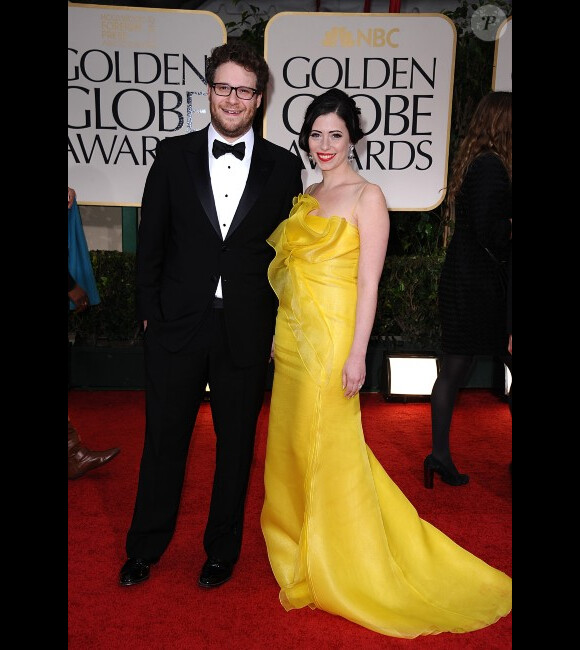 Seth Rogen et sa femme Lauren Miller aux Golden Globes, le 15 janvier 2012 à Los Angeles.