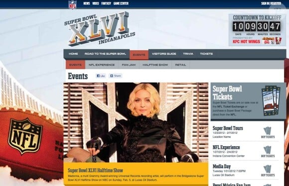 Madonna sera la star du rituel entertainment de la mi-temps du Super Bowl XLVI le 5 février 2012.