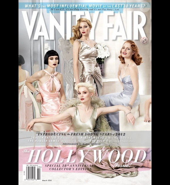 La couverture du magazine Vanity Fair mars 2012, avec Rooney Mara, Jennifer Lawrence, Jessica Chastain et Mia Wasikowska.