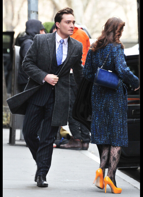 Leighton Meester et Ed Westwick sur le tournage de Gossip Girl, le 5 mars 2012 à New York