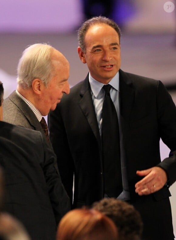 Edouard Balladur et Jean-François Coppé lors du grand meeting de Villepinte de Nicolas Sarkozy le 11 mars 2012