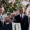 Barack Obama et le Premier ministre David Cameron à Washington, à l'occasion de la visite officielle du Britannique aux Etats-Unis. Le 14 mars 2012
