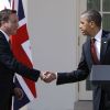 Barack Obama et le Premier ministre David Cameron à Washington, à l'occasion de la visite officielle du Britannique aux Etats-Unis. Le 14 mars 2012