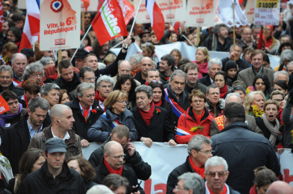 Jean-Luc Mélenchon lors de son grand rassemblement populaire de la Bastille le 18 mars 2012 à Paris
