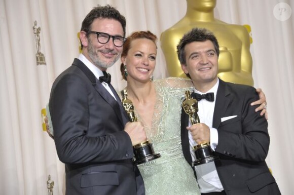 Michel Hazanavicius, Bérénice Bejo et Thomas Langmann en février 2012 aux Oscars.