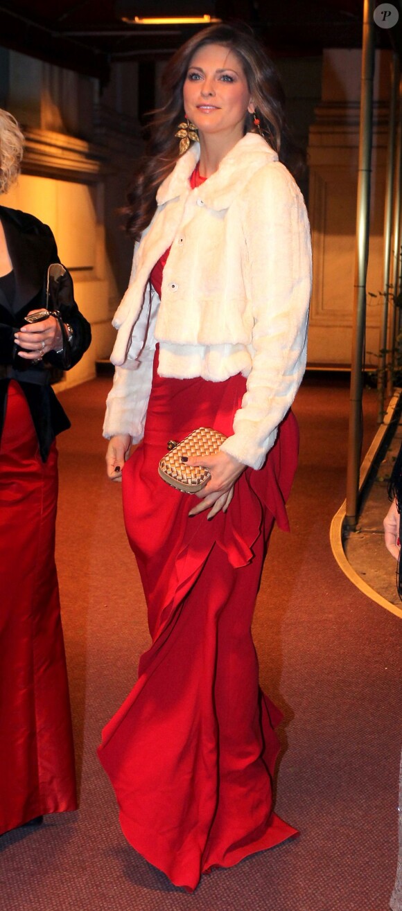 La princesse Madeleine de Suède lors du bal de Noël de la Société américano-suédoise à New York, le 2 décembre 2011.
En mars 2012, la fille du roi Carl XVI Gustaf de Suède a tenté de répondre aux interrogations concernant ses activités et l'argent que lui verse la Suède.