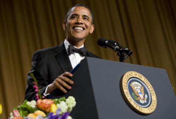 Barack Obama lors du traditionnel dîner des correspondants de la Maison Blanche le 28 avril 2012 à Washington DC