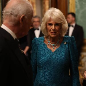 Le roi Charles III d'Angleterre et Camilla Parker Bowles, reine consort d'Angleterre, au banquet d'Etat en leur honneur au palais du Quirinale à Rome, le 9 avril 2025. (Imago/PsnewZ/Bestimage).