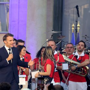 Emmanuel et Brigitte Macron - Réception de la France Music Week au Palais de l'Elysée dans le cadre de la Fête de la Musique à Paris le 20 Juin 2025. © Dominique Jacovides/Bestimage