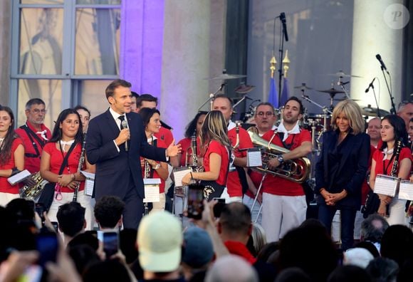 Emmanuel et Brigitte Macron - Réception de la France Music Week au Palais de l'Elysée dans le cadre de la Fête de la Musique à Paris le 20 Juin 2025. © Dominique Jacovides/Bestimage