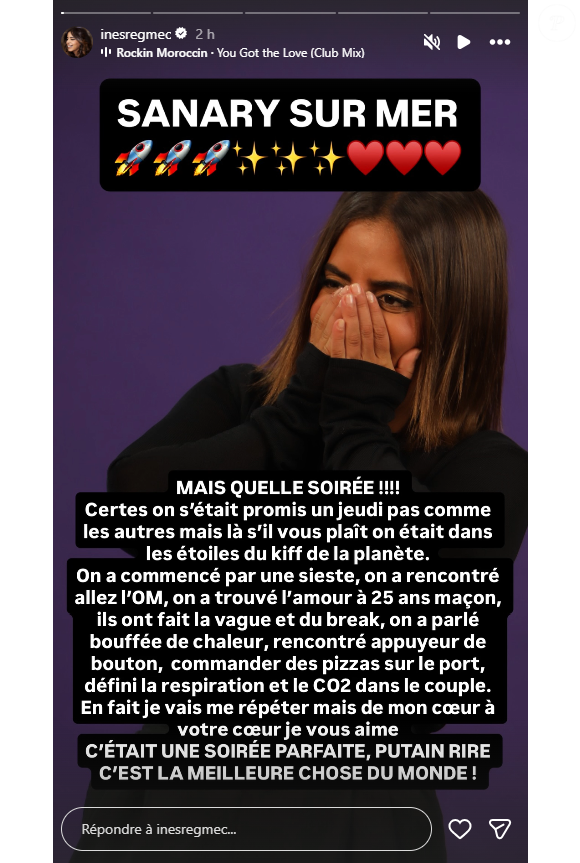 Mais se réjouit en story du spectacle joué jeudi 15 janvier à Sanary-sur-mer.

Inès Reg se réjouit au lendemain de son spectacle.