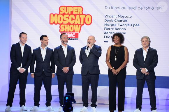 Adrien Aigoin, Pierre Dorian, Éric Di Meco, Vincent Mosscato, Maryse Ewanjé-Epée et Denis Charvet (Equipe de l'émission Super Moscato Show) - Conférence de presse du lancement des chaines RMC Sport au studio Gabriel à Paris le 30 mai 2018. © Guillaume Gaffiot/Bestimage
