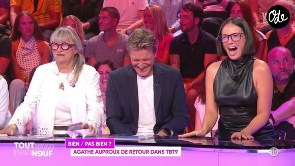 Après neuf mois d’hésitation, Agathe Auproux a finalement accepté de relever ce nouveau défi et s’est dite ravie de retrouver l’équipe.

Christine Bravo, Agathe Auproux et Benjamin Castaldi lors de la première de la saison 2 de "Tout beau, tout neuf" ce lundi 31 août 2026.

Capture d'écran TBT9 / W9