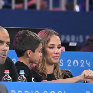 Tony Parker et sa petite amie Agathe Teyssier lors de la finale des hommes + 100kg pendant les Jeux Olympiques de Paris 2024 à la Champs de Mars Arena, à Paris le 2 août 2024. Photo by Eliot Blondet/ABACAPRESS.COM