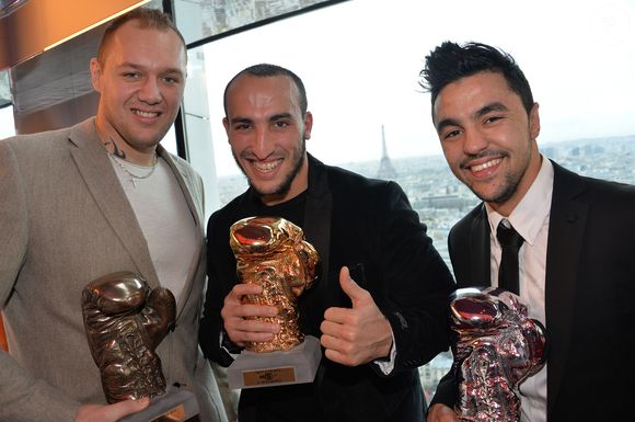 Exclusif - Johann Duhaupas (boxe poids lourd), Nadjib Mohammedi et Karim Guerfi (champion d'Europe de boxe) - Ceremonie des "Gants d'or" au bar "La Vue" de l'hotel Hyatt Regency Etoile a Paris. Le 24 janvier 2014 VEEREN / BESTIMAGE