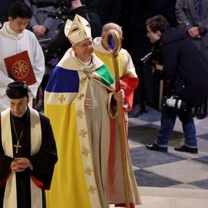 L'archevêque de Paris, Laurent Ulrich, assiste à la cérémonie d'ouverture des portes lors de la réouverture officielle de la cathédrale Notre-Dame de Paris, France, le 7 décembre 2024, après plus de cinq ans de travaux de reconstruction suite à l'incendie d'avril 2019. Photo by Dominique Jacovides/Pool/ABACAPRESS.COM