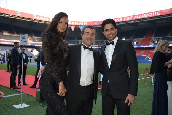 Exclusif - Jade Foret, son mari Arnaud Lagardère et Nasser Al-Khelaifi, le président du Paris Saint-Germain (PSG) - 5ème dîner de gala de la fondation Paris Saint-Germain au parc des Princes à Paris, France, le 15 mai 2018. © Rachid Bellak/Bestimage