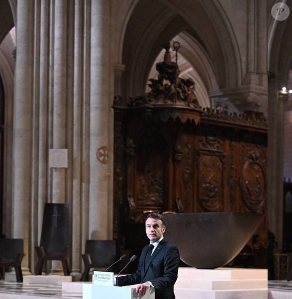 Emmanuel Macron, président de la République Française lors de la cérémonie de réouverture de la cathédrale Notre-Dame de Paris, le 7 décembre 2024. © Eric Tschaen/Pool/Bestimage