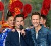 Laurent Luyat et Cyril Féraud sur le départ de la deuxième étape de la 103ème édition de la course cycliste du tour de France avec les danseuses du Moulin-Rouge le 3 juillet 2016 entre Saint-Lo et Cherbourg-en-Cotentin, en Normandie le 3 juillet 2016. . © Coadic Guirec / Bestimage