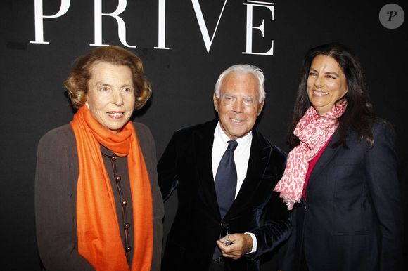 Françoise Bettencourt Meyers avec sa mère Liliane Bettencourt et Giorgio Armani, le 24 janvier 2012, à Paris RINDOFF-BORDE / BESTIMAGE