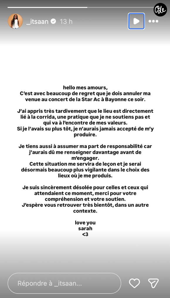 "Je tiens aussi à assumer ma part de responsabilité car j'aurais dû me renseigner davantage avant de m'engager. Cette situation me servira de leçon et je serai désormais beaucoup plus vigilante dans le choix des lieux où je me produis", a promis la jeune femme.

Des élèves de la Star Academy annulent leur présence à Bayonne.