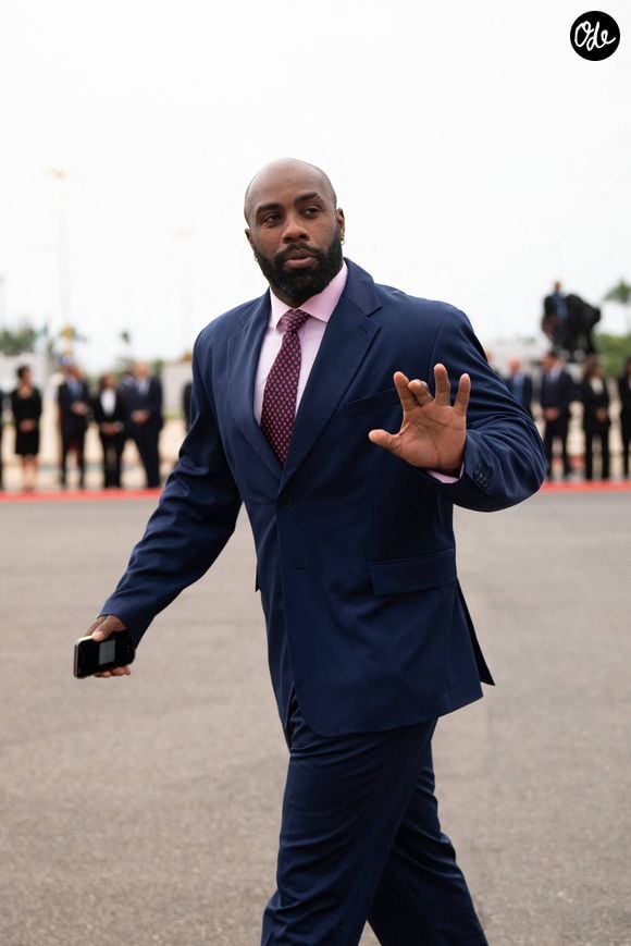 Le judoka Teddy Riner - La délégation française et les personnalités accompagnant le président de la République Emmanuel Macron lors de sa visite d'Etat de trois jours au Maroc, le 28 octobre 2024. 
© Jeanne Accorsini / Pool / Bestimage