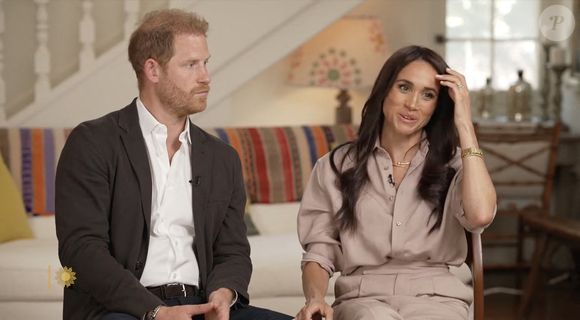 Le prince Harry, duc de Sussex et Meghan Markle, duchesse de Sussex, lors d'une interview pour l'émission CBS News Sunday Morning, diffusée le 4 août 2024.  (JLPPA / Bestimage).