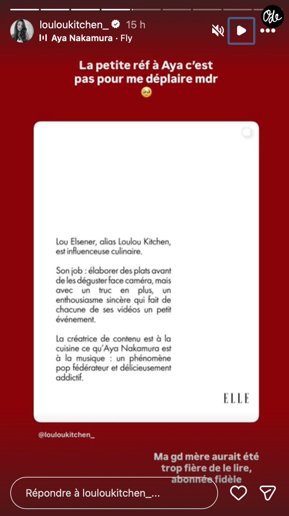 "Ma grand-mère aurait été trop fière de le lire", a-t-elle confié en story.

Capture Instagram - Loulou Kitchen
