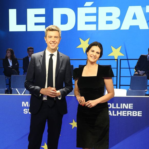 Maxime Switek et Apolline de Malherbe - Elections européennes 2024 : débat entre les têtes de liste sur BFM Tv le 27 mai 2024. © Coadic Guirec / Bestimage
