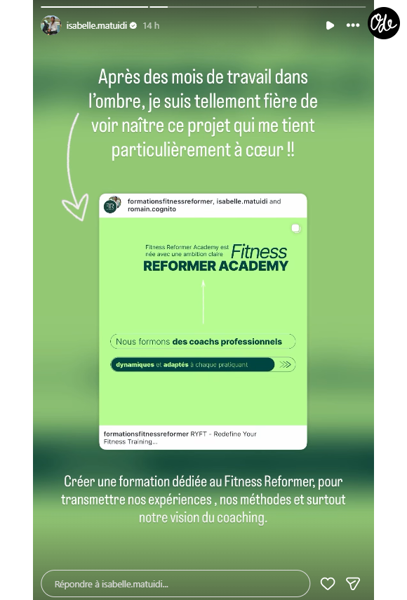 L'objectif de cette académie ? Former des coachs professionnels avec une méthode dynamique, sur-mesure et adaptée à chaque pratiquant, afin de transmettre leur vision et leur expertise du Fitness Reformer. 

Isabelle Matuidi annonce le lancement d'un nouveau projet.