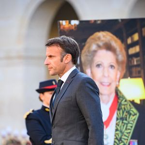 le président Emmanuel Macron, - Hommage national à Hélène Carrère d'Encausse aux Invalides à Paris le 3 octobre 2023.

© Eric Tschaen / Pool / Bestimage