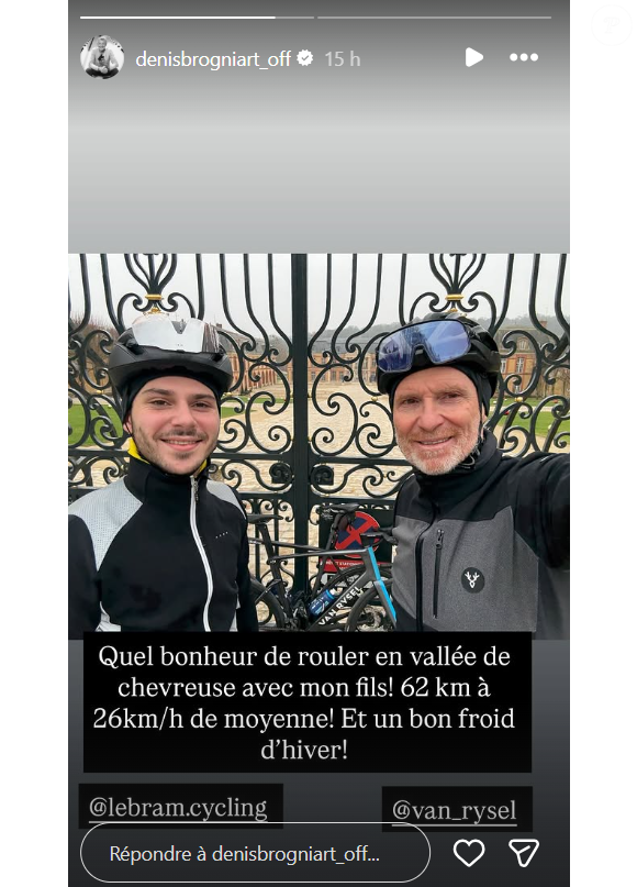 Il a ainsi un fils, Dimitri, avec qui il prend la pose durant une virée en vélo en vallée de Chevreuse, au sud de Paris.

Denis Brogniart en balade à vélo avec son fils.