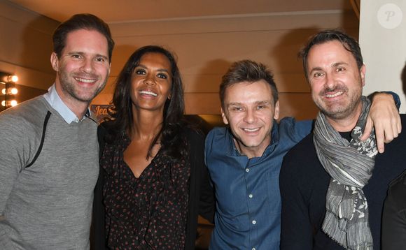 Exclusif - Gauthier Destenay, Karine Le Marchand, Jeanfi Janssens, Xavier Bettel, premier ministre du Luxembourg - People en backstage du spectacle "Jeanfi Janssens atterrit à l'Olympia" à Paris le 9 janvier 2020. © Coadic Guirec/Bestimage