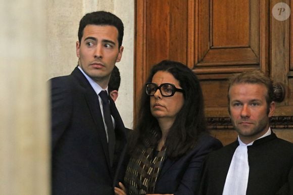 Françoise Bettencourt-Meyers, son fils Jean-Victor Meyers et son avocat Nicolas Huc-Morel - Jugements rendus des deux premiers procès de l'affaire dite Bettencourt pour trafic d'influence et abus de faiblesse sur la milliardaire Liliane Bettencourt. au tribunal de Bordeaux, le 28 mai 2015. Jean-Marc Lhomer / Bestimage
