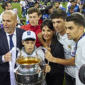 Zinedine Zidane, entraîneur du Real Madrid avec sa femme Véronique Zidane, ses enfants : Enzo Fernandez, Luca Zinedine Zidane Fernandez, Theo Zidane, Elyaz Zidane Fernandez, Cardiff, Wales, Great Britain , Juin 2017 Photo par Peter Schatz/Imago/ABACAPRESS.COM