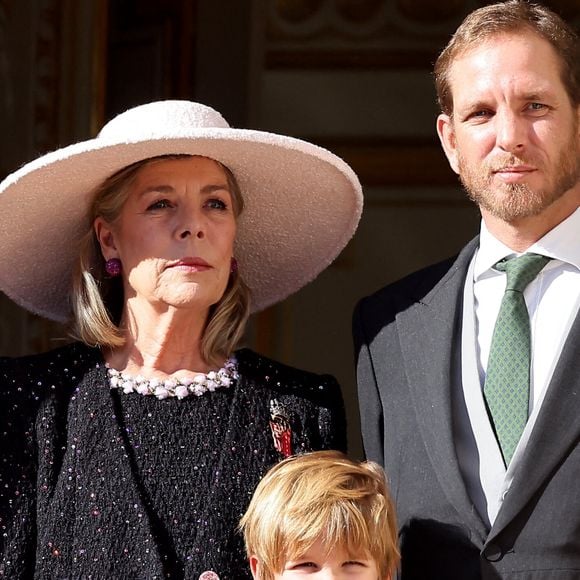 La princesse Caroline de Hanovre, Maximilian Casiraghi, Andrea Casiraghi - La famille princière de Monaco au balcon du palais, à l'occasion de la Fête Nationale de Monaco. Le 19 novembre 2023 © Dominique Jacovides-Bruno Bebert / Bestimage