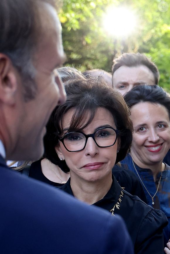 Emmanuel Macron et Rachida Dati - Réception de la France Music Week au Palais de l'Elysée dans le cadre de la Fête de la Musique à Paris le 20 Juin 2025. © Dominique Jacovides/Bestimage